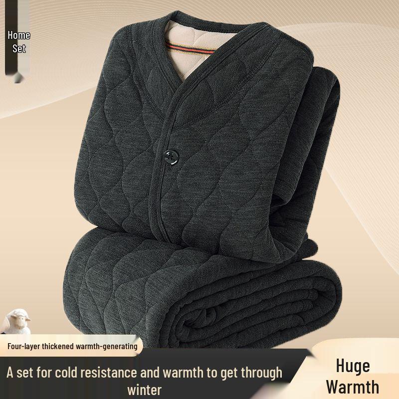 Men's Winter Plush Jacket & Pants Set - Thickened Cotton Outerwear for Middle-aged & Elderly Warmth