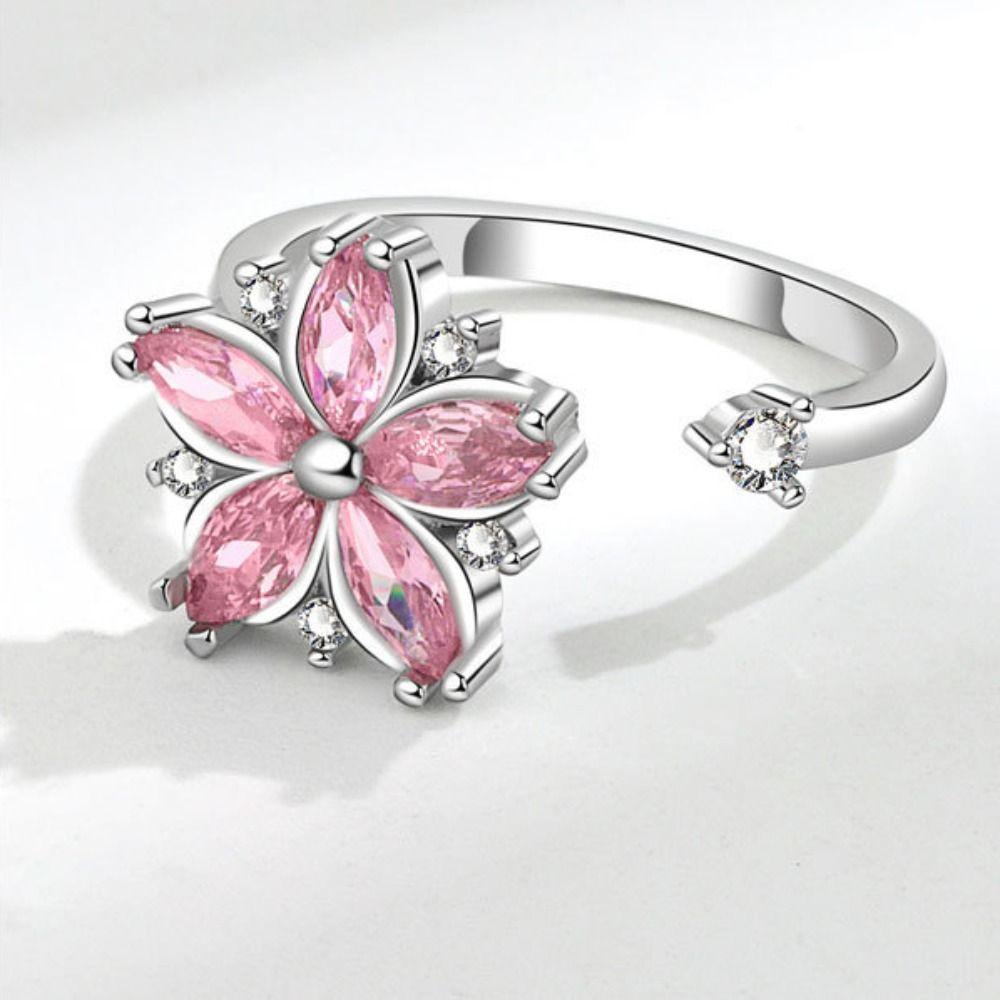 Female Ring Cherry Blossom Ring Rotating Design Pink Zircon Ring Floral Synthetic Ring Daily Wear