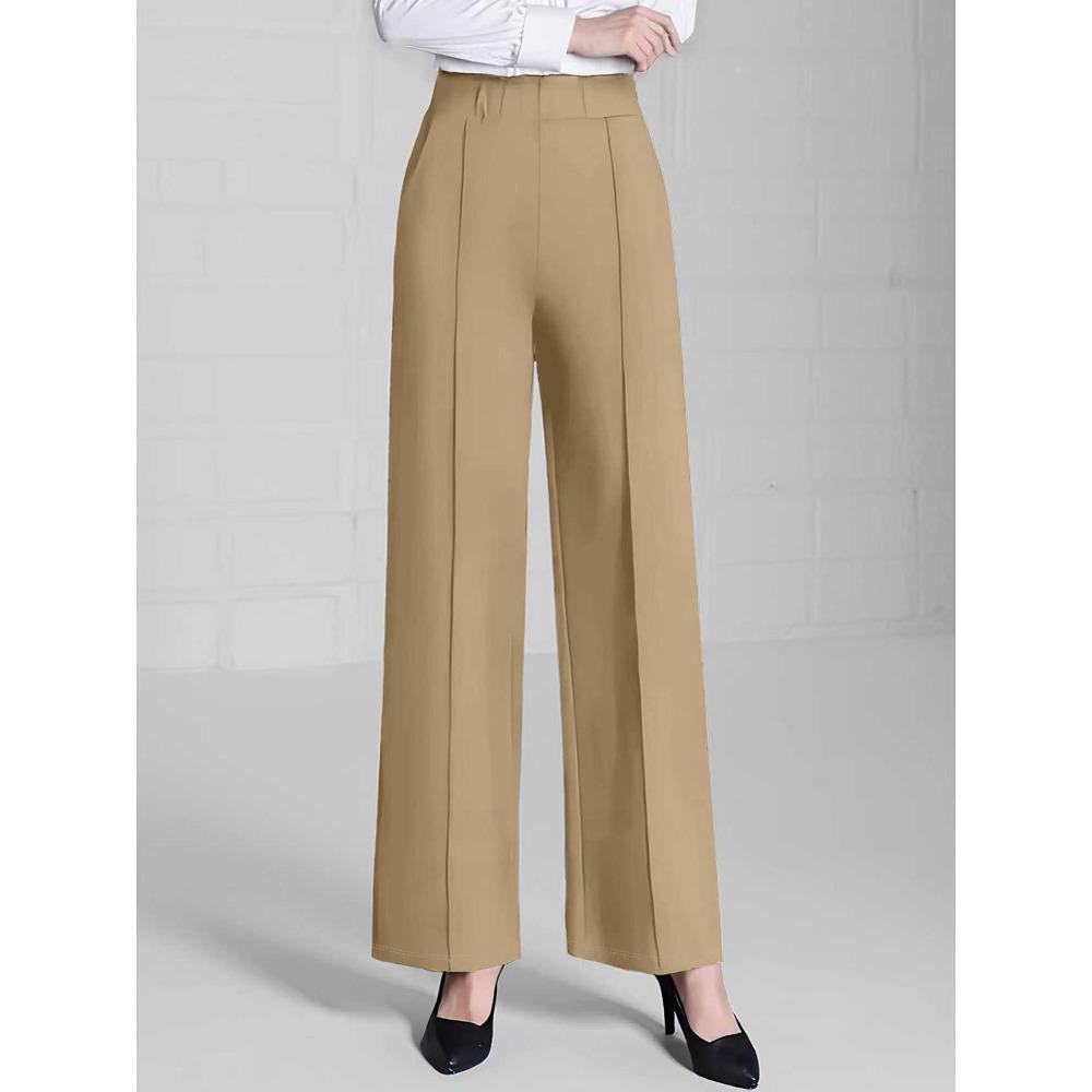 Women's Elastic High Waist Wide Leg Pants Straight Leg Commute Trouser Solid Color Seam Detail Casual Long Pants