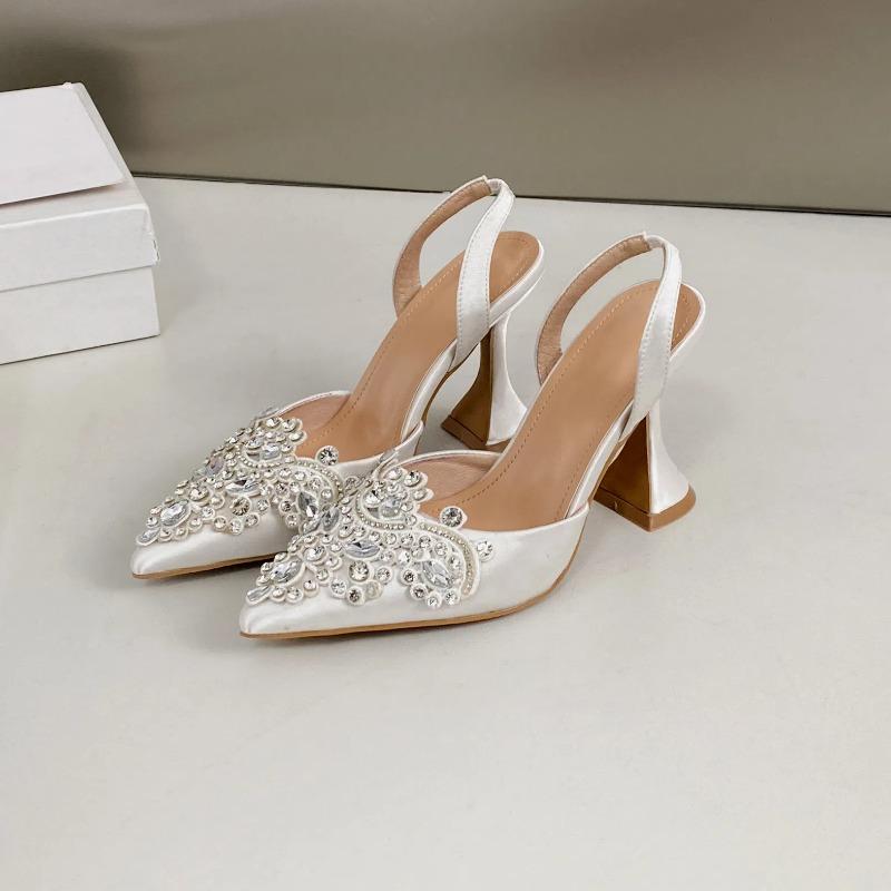 Spring And Summer Women's High Heel Wedding Shoes Pointed Rhinestone Wine Glass Heel Sandals With Empty Back Shoes