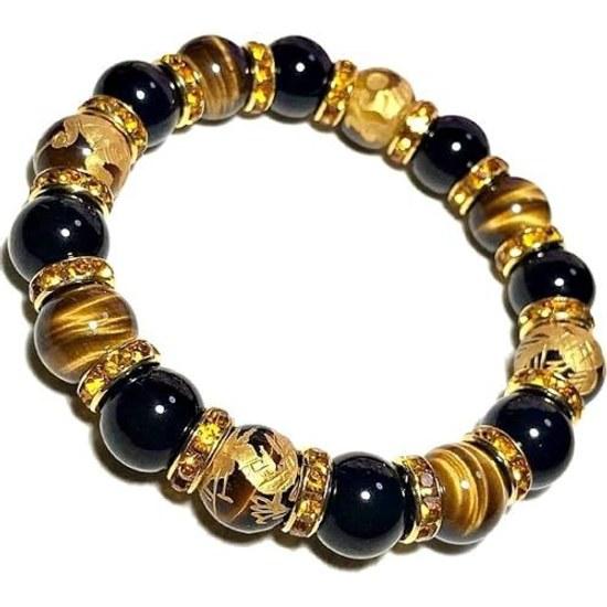 Four Guardian Beasts Bracelet Tigers Eye Gold Engraving 12mm Black Onyx Natural Stone Power that enhances work luck success Want enhance overall life