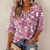 Women's Retro Floral Print Ruffle Three-Quarter Sleeve Blouse with Tie Neck