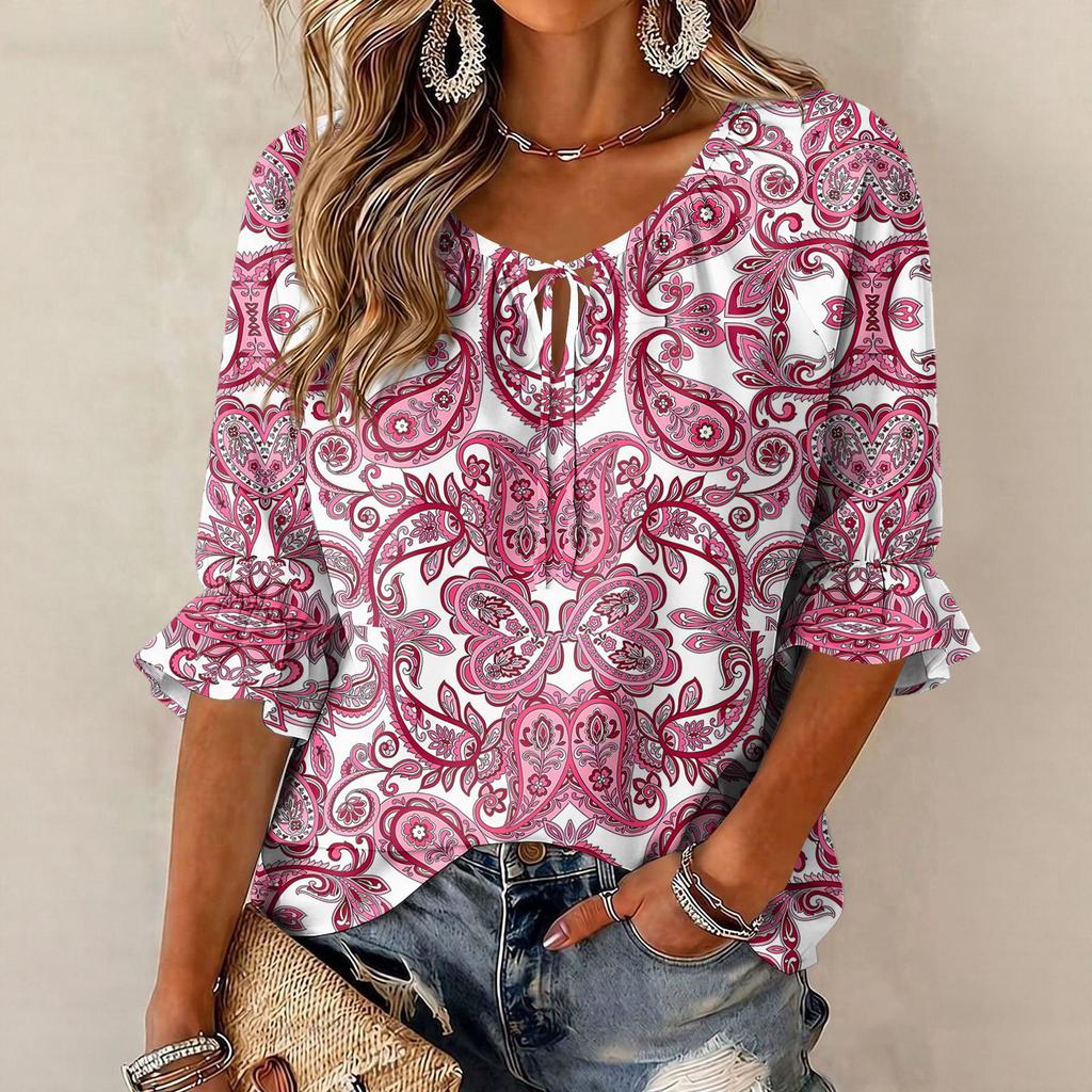 Women's Retro Floral Print Ruffle Three-Quarter Sleeve Blouse with Tie Neck