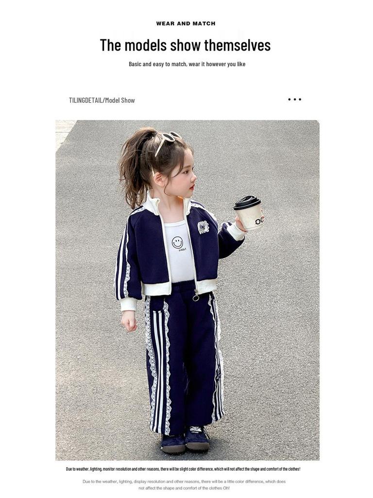 Girls' Lace Zip-Up Two-Piece Autumn Outfit - Sporty & Fashionable 2025.