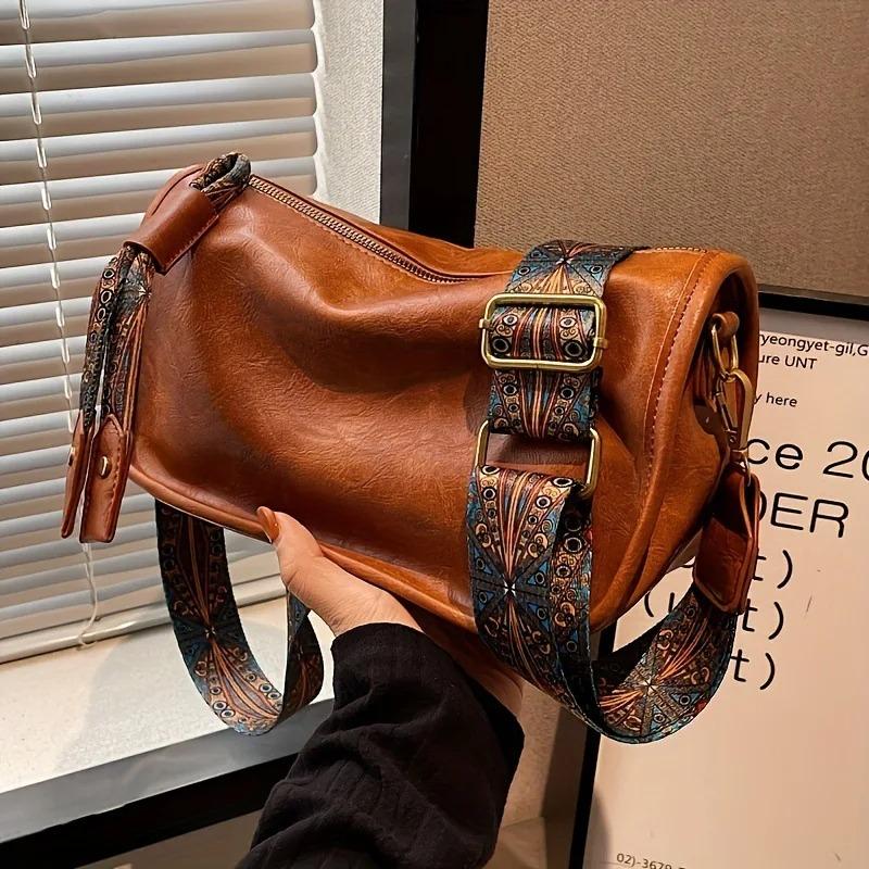 Vintage Brown Leather Cylinder Crossbody Bag with Ethnic Printed Wide Strap Retro Style Shoulder Purse for Daily & Casual Use