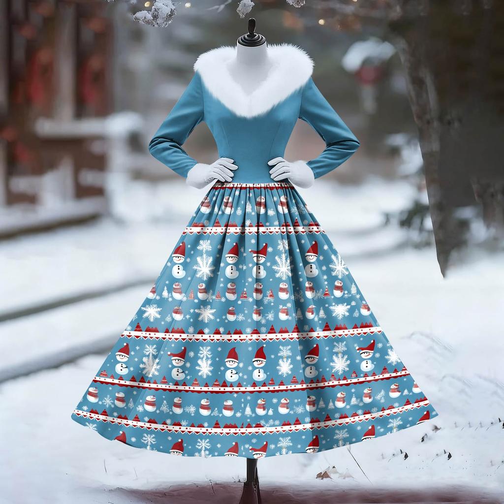 Women's Casual Dress Long-Sleeve V-Neck Patchwork Fleece Christmas Print Dress