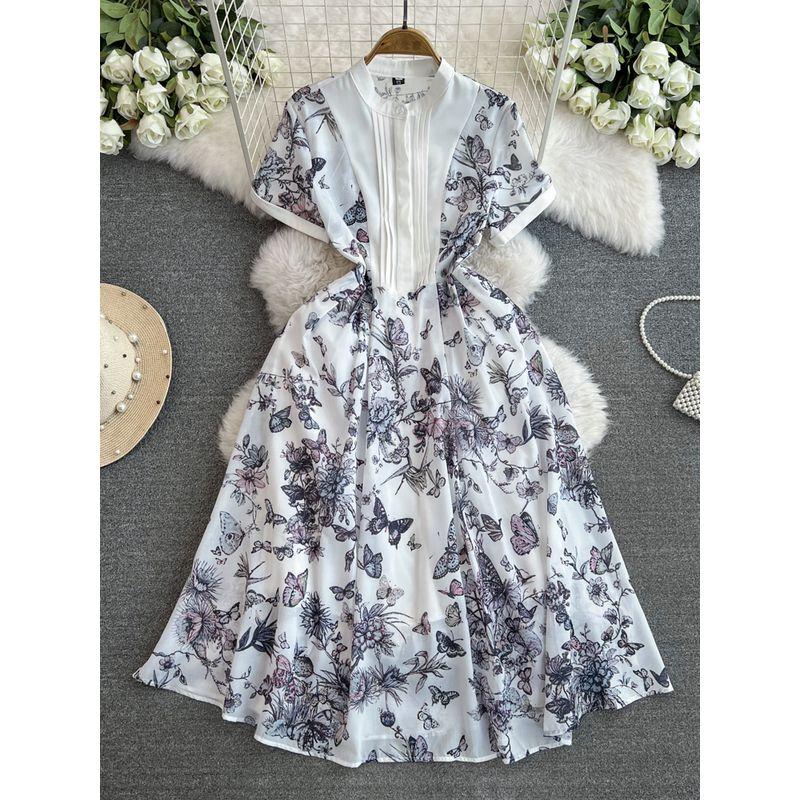 

2024 New Arrival Fairy Dress Blue and White Ink Butterfly Print Short Sleeve Waist-Controlled Thin over the Knee Swing Mid-Length Dress Purple Flower with white background 2XL