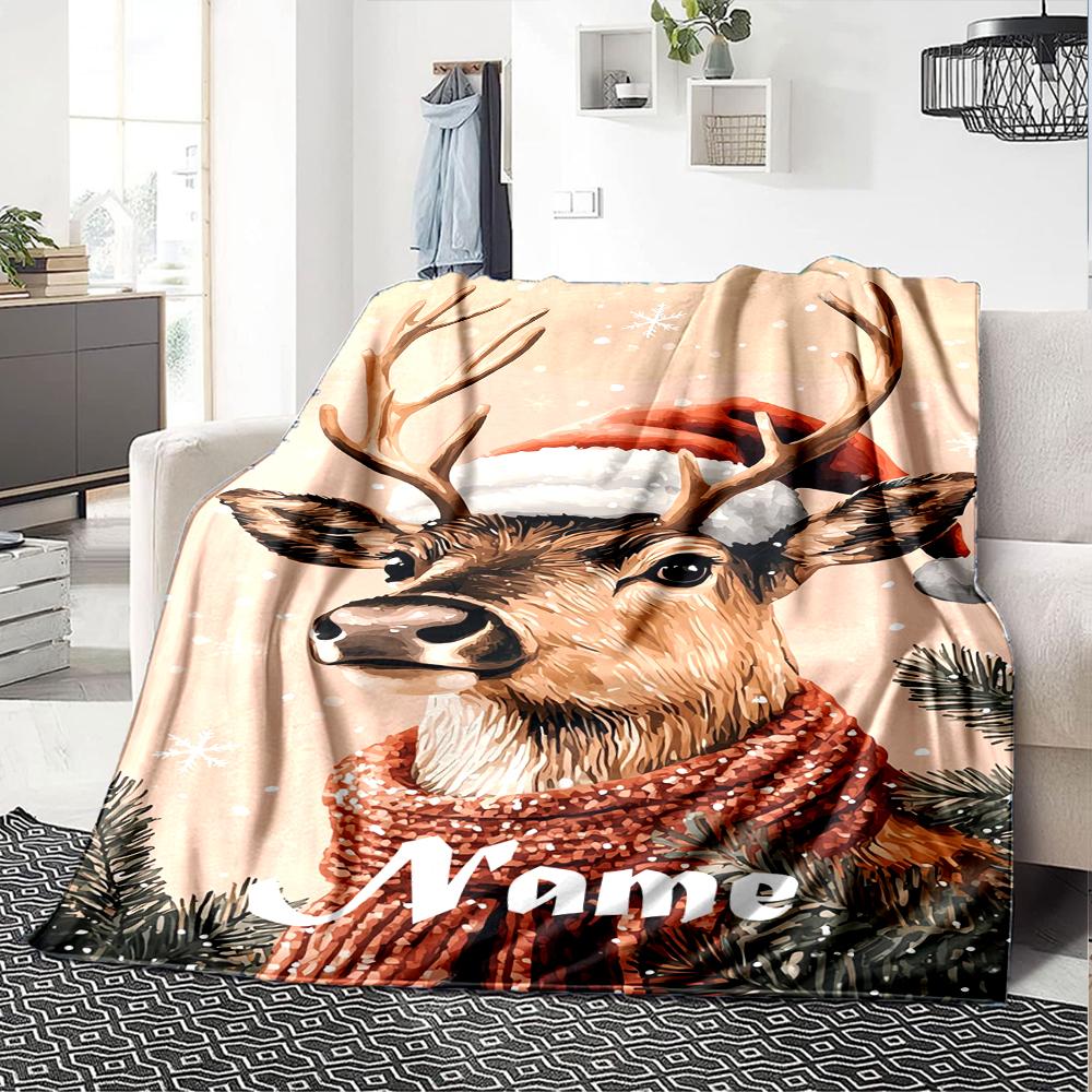 Custom Name Christmas reindeer Theme Printed Blanket - Perfect for Couch, Bed, Travel & Outdoor Use | Machine Washable, Cozy & Durable.