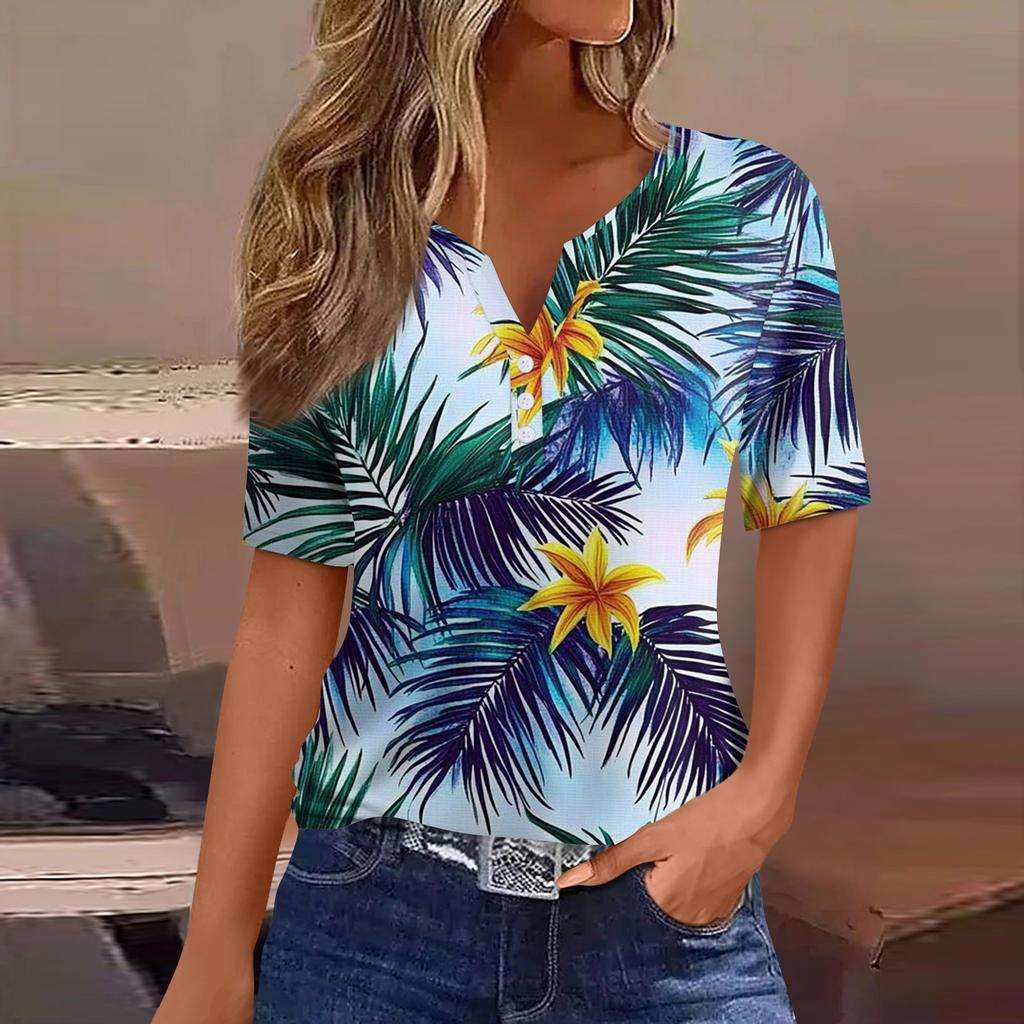Women's T Shirt Print Button Short Sleeve Daily Weekend Fashion Basic V- Neck Regular Top