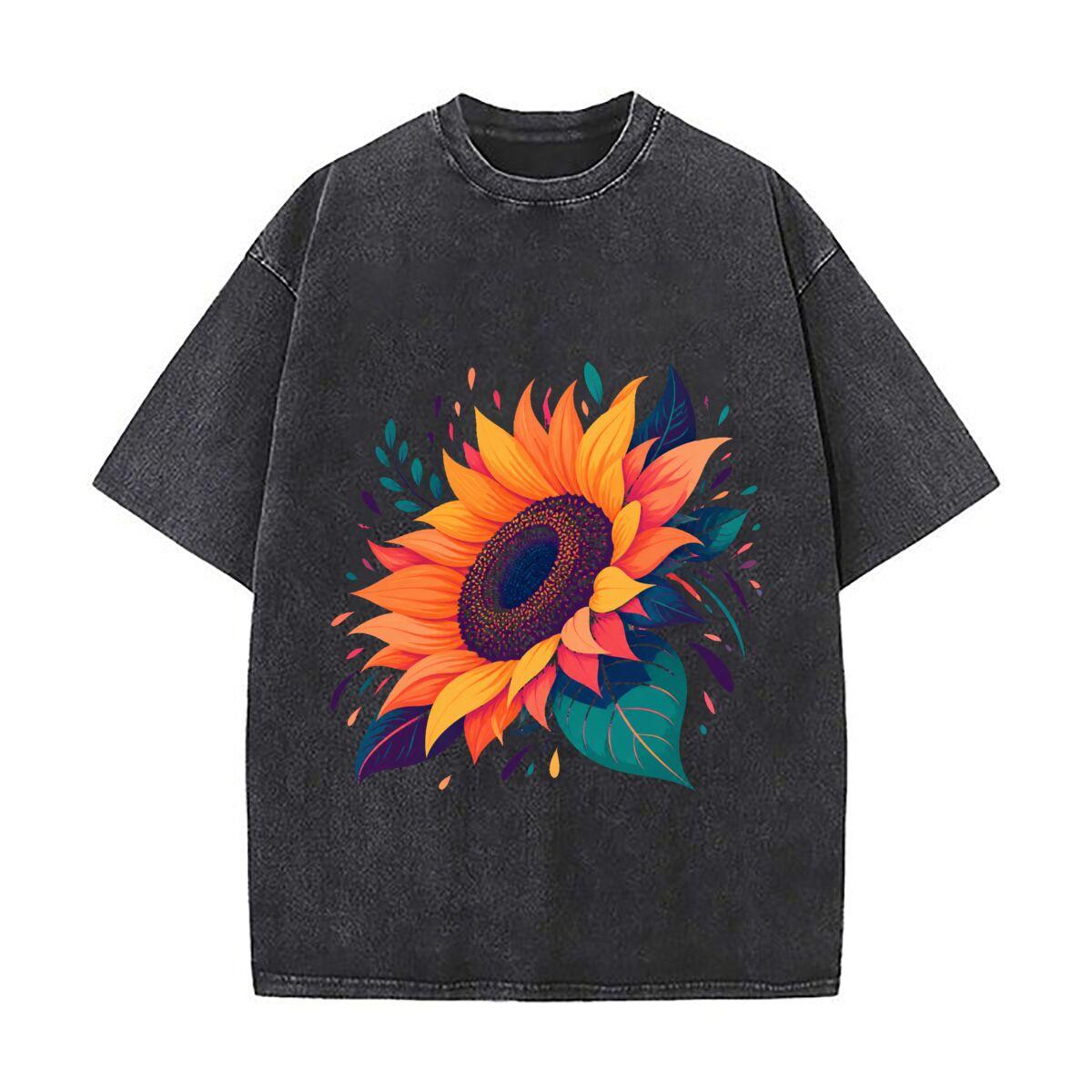 Vibrant Boho Sunflower Bloom Illustr Daily Commute Vintage Distressed T Shirt Loose Washed Sleeve M