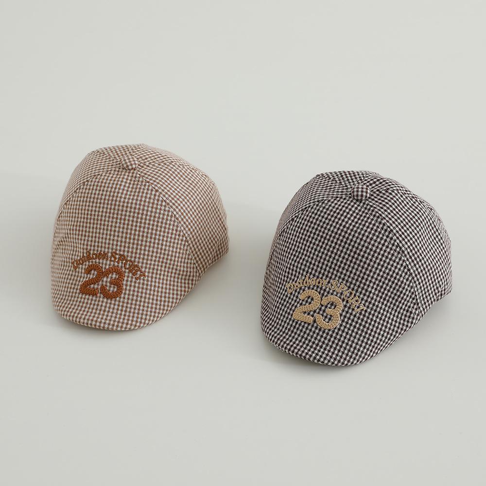 Retro Plaid Baby Beret – Spring/Summer Sun Hat with Embroidered "23" for Infants & Toddlers