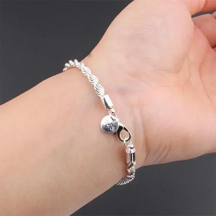925 Silver Bracelet for Men Women Minimalist Twisted Rope Chain Unisex Couple Jewelry Gift