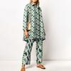 Green Geometric Print Women's Shirt and Wide Leg Pants Matching Set