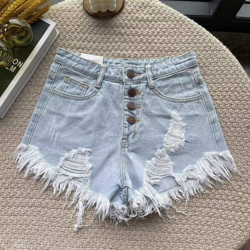 2025 Summer Women's High-Waist Retro Denim Shorts - Trendy Slim Wide-Leg Design