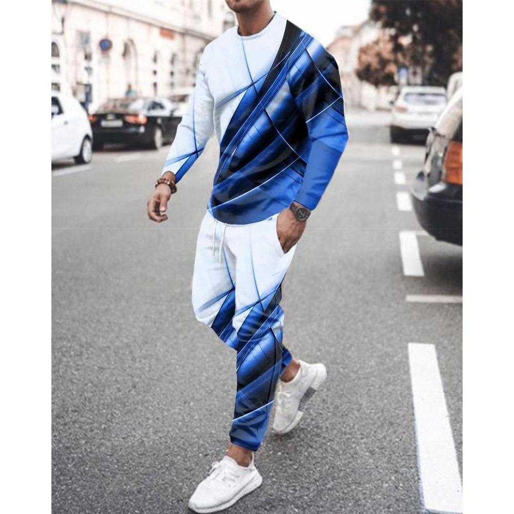 New Men's Long Sleeve T-Shirts Sets Abstract Pattern 3D Print Sports T-Shirt Pants Suit Fashion Tracksuit 2-Piece Jogger Outfits