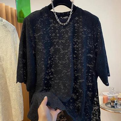 Haut d'été décontracté à col rond et manches courtes pour femmes Plus T-shirt en dentelle crochetée version coréenne