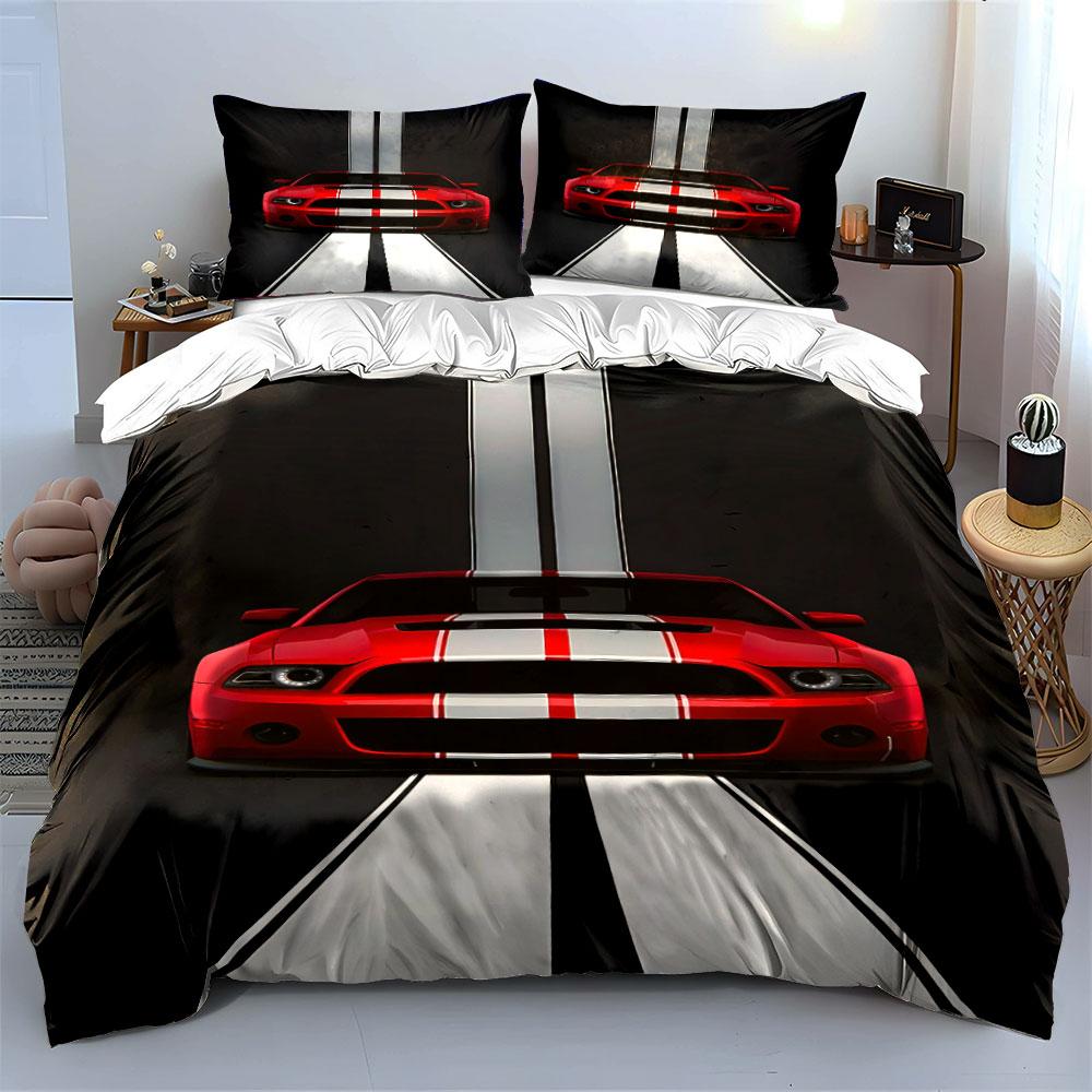 Red car, racing stripes. Bedding sets Duvet cover sets Duvet covers Pillowcases(1* Duvet Cover 2* Pillowcases without duvet insert)
