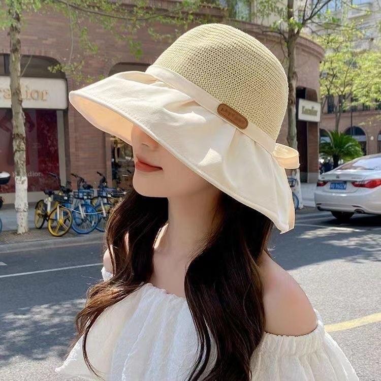 Large Brim Bucket Hat Women's Summer Versatile Vacation Sun Hat Sun Protection Thin Sun Hat Bow Fashion OL