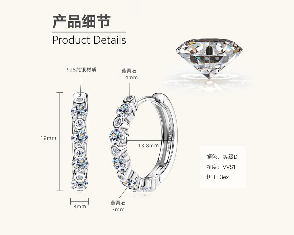 Silvere Glam 2025 Cross-border New Moissanite S925 Sterling Silver Earrings, Fashionable And Trendy Ear Clips