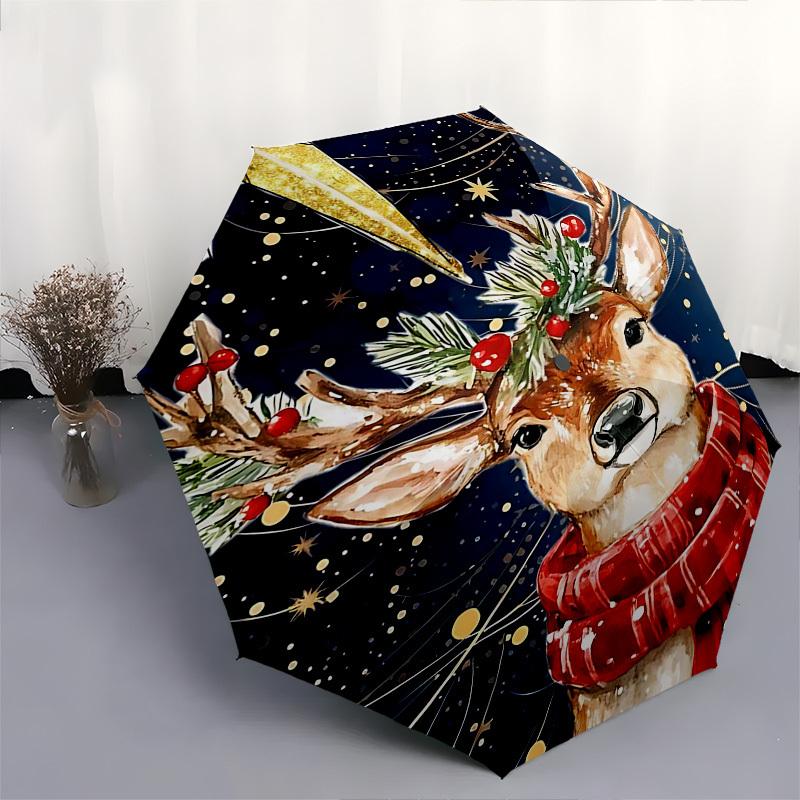 1pc Christmas Deer Design Automatic Opening Folding Umbrella with Red Scarf, Outdoor for Fans, Travelers & Daily Use.B024