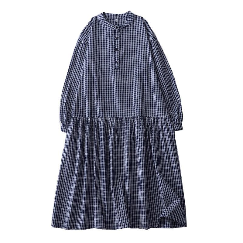 2025 spring new plaid dress retro casual loose and thin stand-up collar long-sleeved medium and long dress