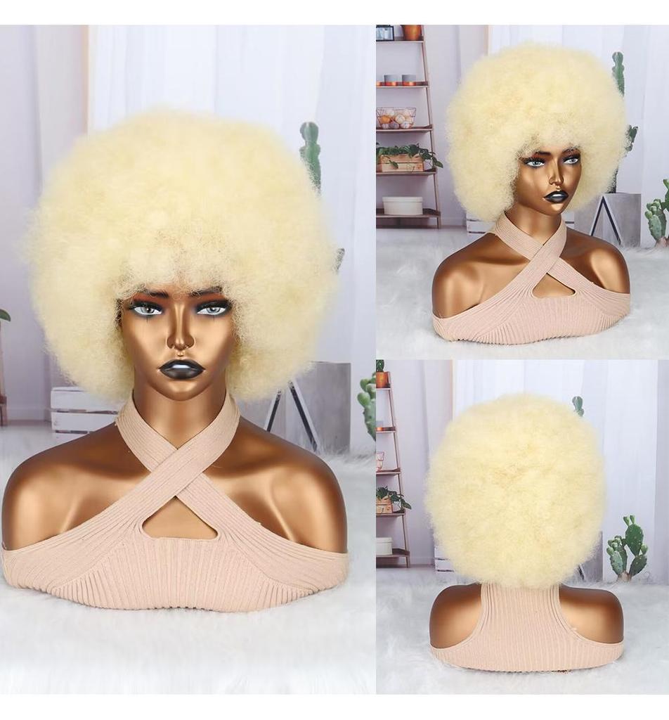 MISS WIG Braune, gemischte, goldene, kurze, lockige Perücke, afrikanische Locken, große Rollenperücke für Damen, tägliches Cosplay, synthetische Hochtemperaturfaserperücke