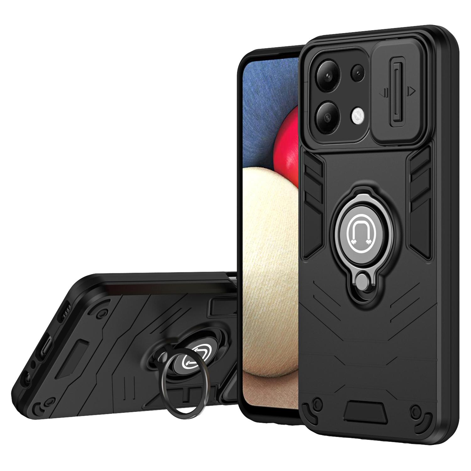 

For Xiaomi Redmi Note 13 4G Case Slide Lens Lid Anti-Fall Phone Cover with Ring Kickstand Black