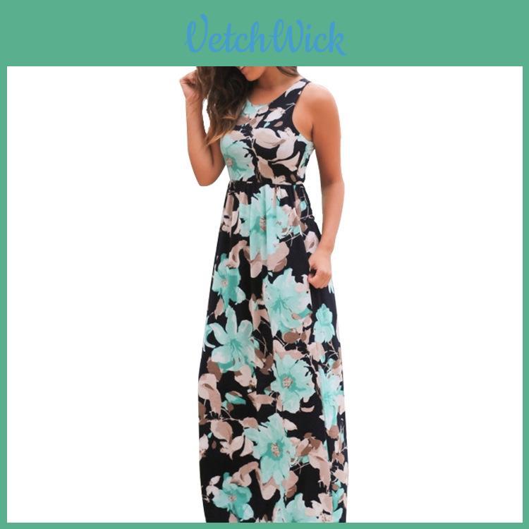 Elegantes Damen Sommer Boho Kleid Floral Ärmellos Strand Maxi Lang Sommerkleid Für Jeden Anlass