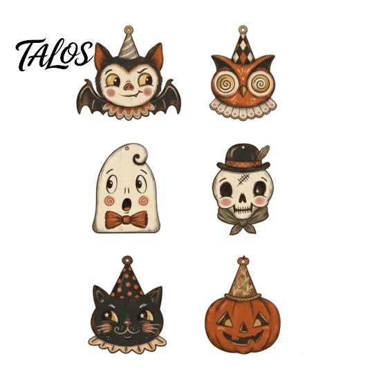 Halloween Party Supplies for Home 6 Pcs Vintage Wooden Ornaments, Rustic Farmhouse Cat Owl Pumpkin Ornaments Ghost Hanging Decorations Tree