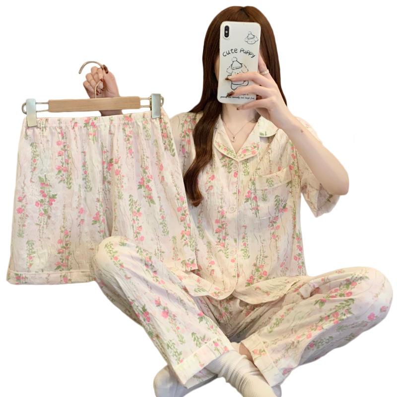 [Three-Piece Set] Summer Cloud Cotton Short-Sleeved Pajamas Women'S Pastoral Floral Niche Loungewear Can Be Worn Outside