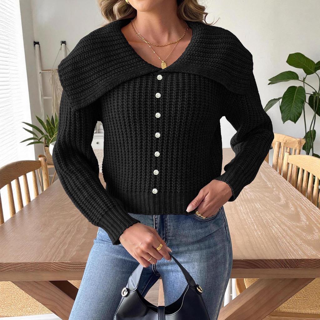 Women's short wool top, pearl beaded navy collar sweater, cross-border European and American women's clothing autumn and winter pullover sweater