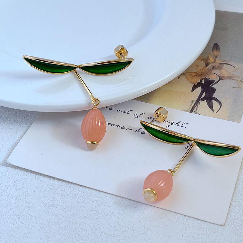 Elegant Green Leaf Enamel Drop Earrings