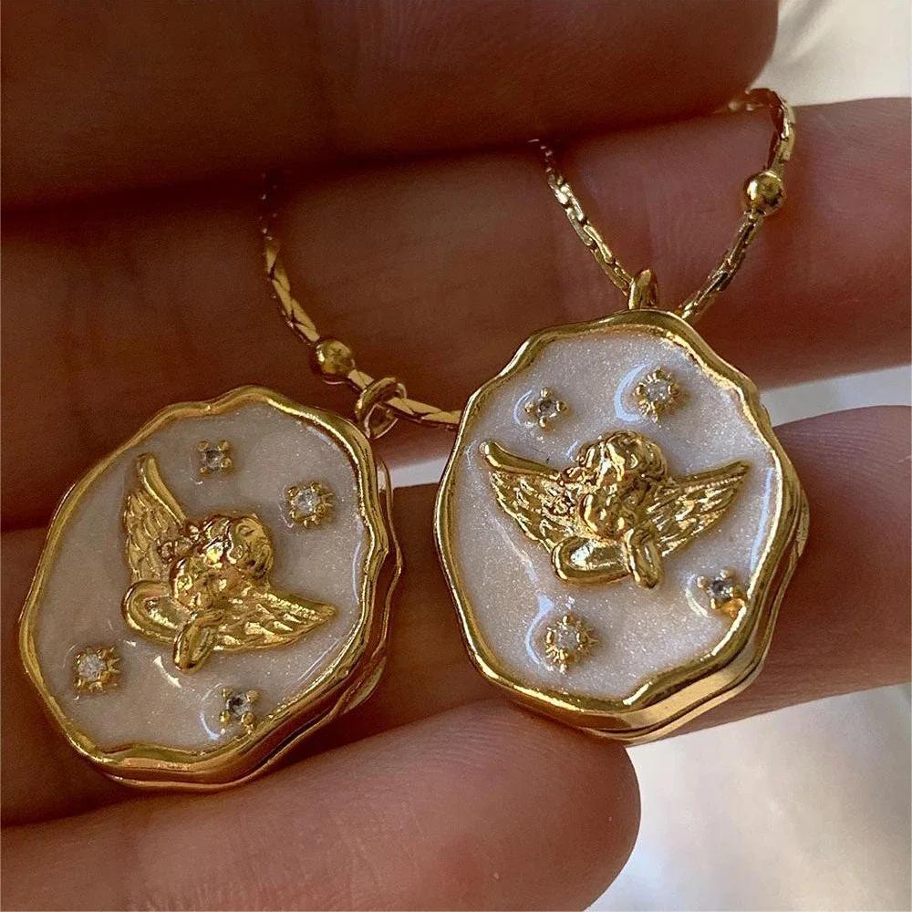 Vintage White Shell Angel Openable Photo Frame Pendant Necklace for Women Waterproof Zircon Choker Fashion Chic Jewelry