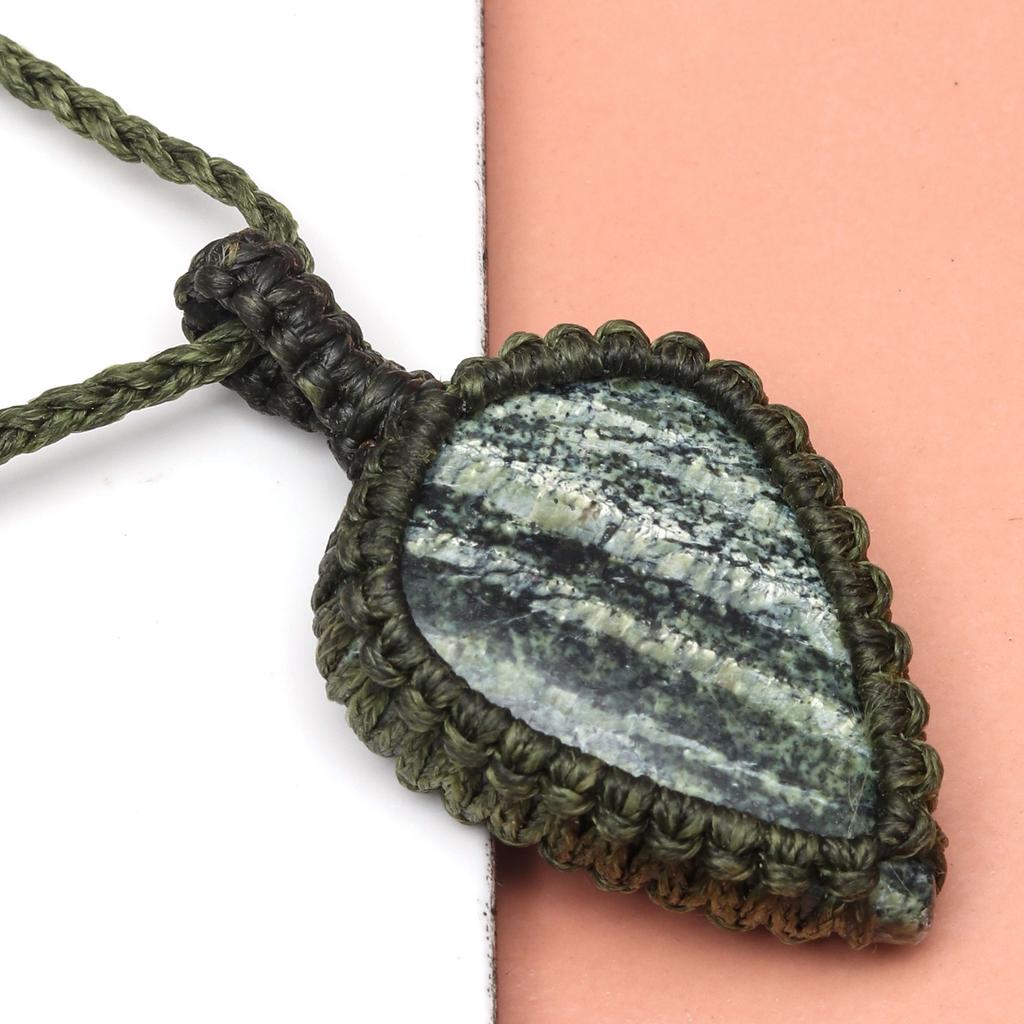 Necklace Gemstone Jewelry Zebra Jasper Macrame Thread Handmade 20-36''Ad Unisex