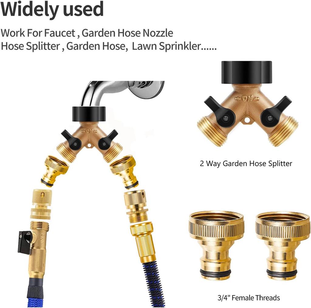 3/4" Brass Garden Hose Connector, 2-Way Y-Distributor Tap Fitting with On/Off Valves, for Home Garden Outdoor Use
