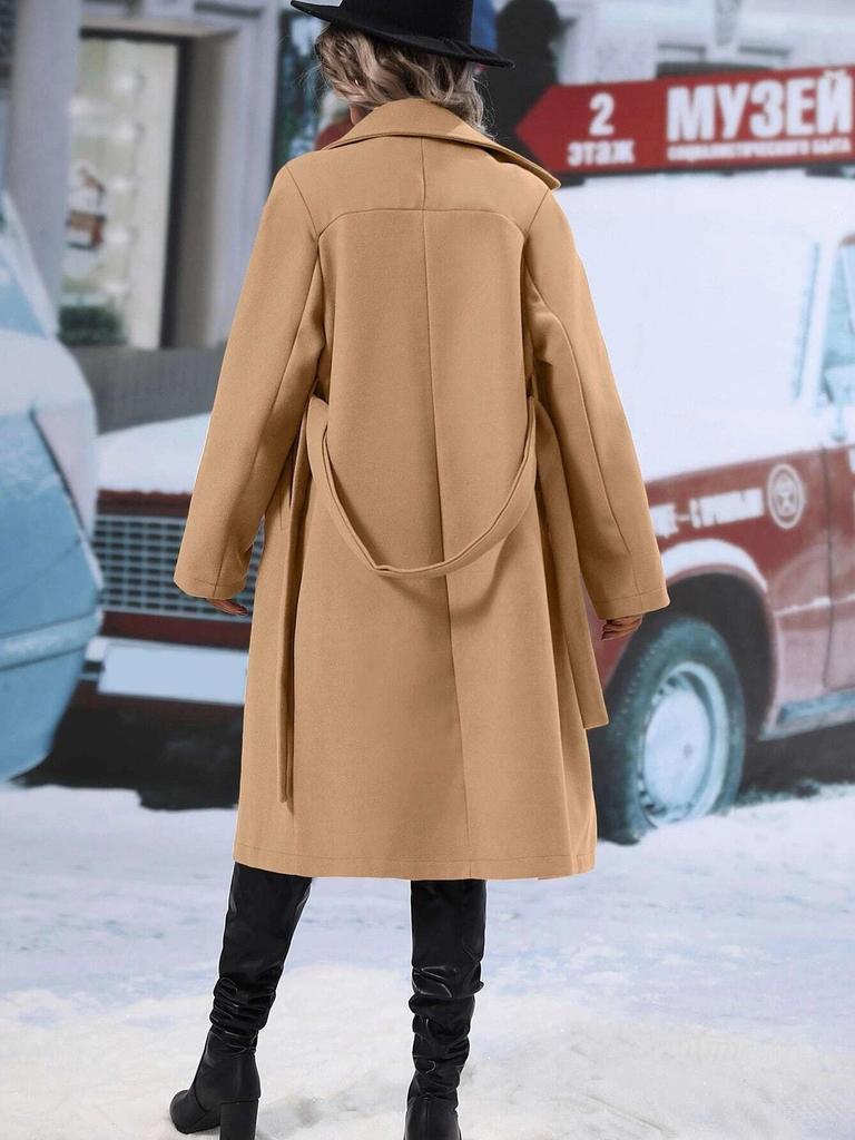 Women's Double-Breasted Belted Woolen Coat with Lapel - Autumn/Winter Fashion