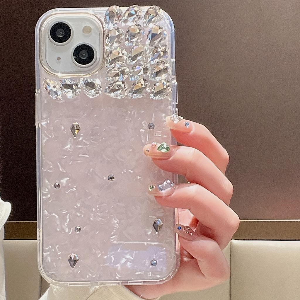 Pink Shell Pattern Handmade Appliqué Diamond Phone Case for iPhone 16 15 14 13 12 11 Pro Max