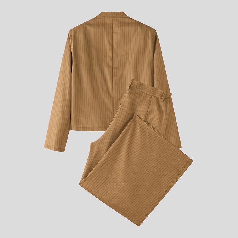 

INCERUN Men Striped Sets Cutout Cropped Tops and Long Pants Trousers Casual Suits 5XL коричневый