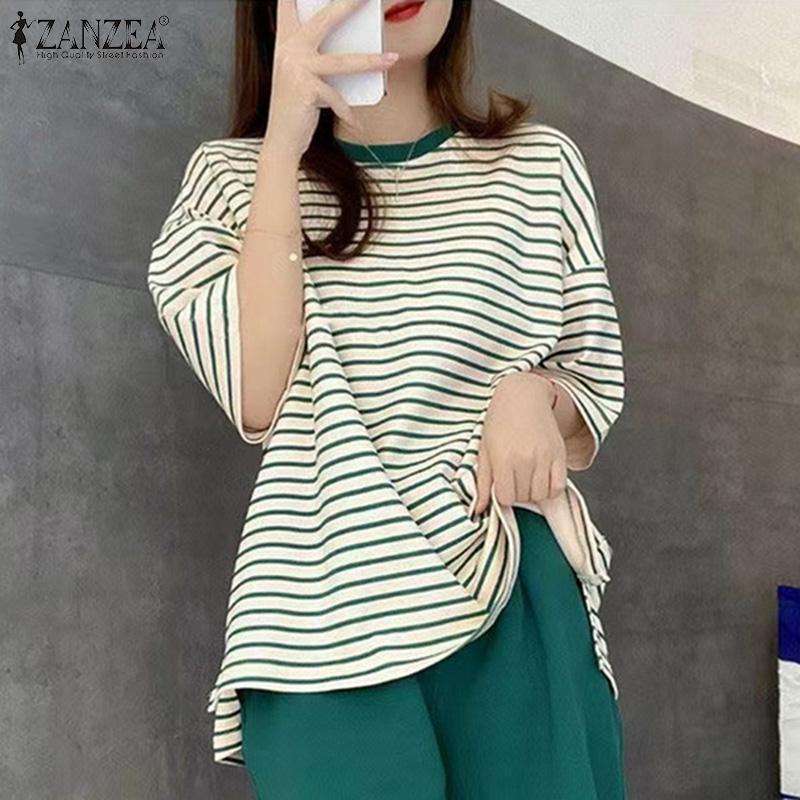 ZANZEA Women Summer Casual Round Neck Striped Short Sleeve Pajama Blouse
