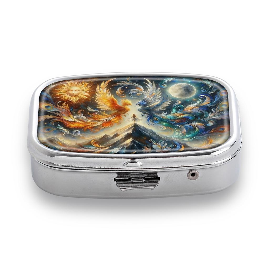 Tragbare Pillendose mit 2 Fächern, Mini-Metall-Medikamenten-Organizer-Etui, Niedlicher bedruckter Pillenbehälter für Vitamine, Pillen, Schmuck, Reisen, Tägliche Anwendung