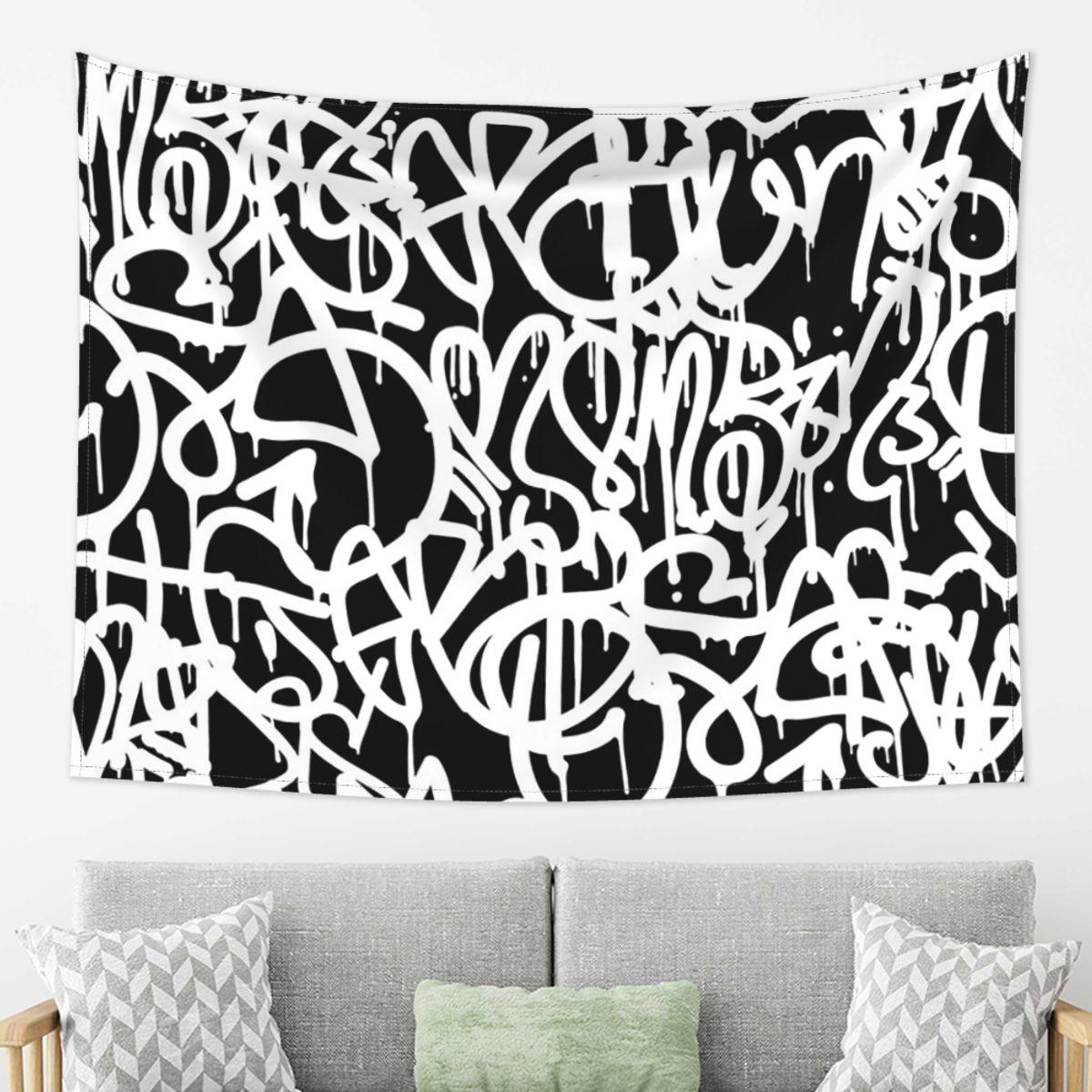 

Black And White Graffiti Tapestry Decor Art Aesthetic Tapestries for Living Room Bedroom Home Wall Cloth Wall Hanging 74x94cm(29x37in)