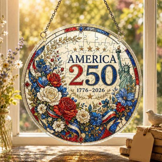 Acrylic Jigsaw Puzzle Suncatcher, US 250th Anniversary DIY Sun Catcher Kit, Stained Glass Style Patriotic Window Hanging Ornament for Independence Day