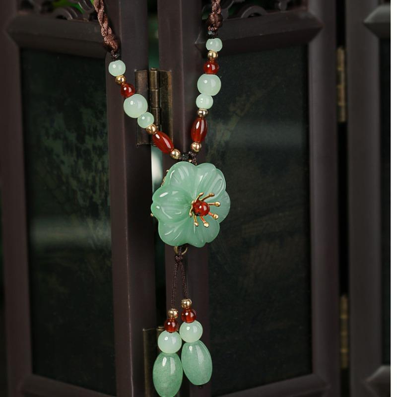 GEMCHIC Women's Vintage Chinese Style Green Jade Flower Pendant Necklace with Tassel Beads Long Chain Ethnic Jewelry