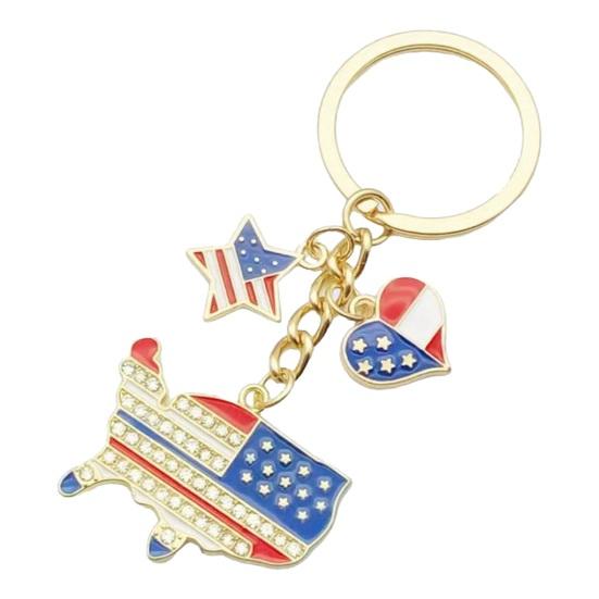 Independence Day Keychain Pendant, Enamel Zinc Alloy Key Holder with USA Letters Stars Hearts Patriotic Design, American Flag Accessory