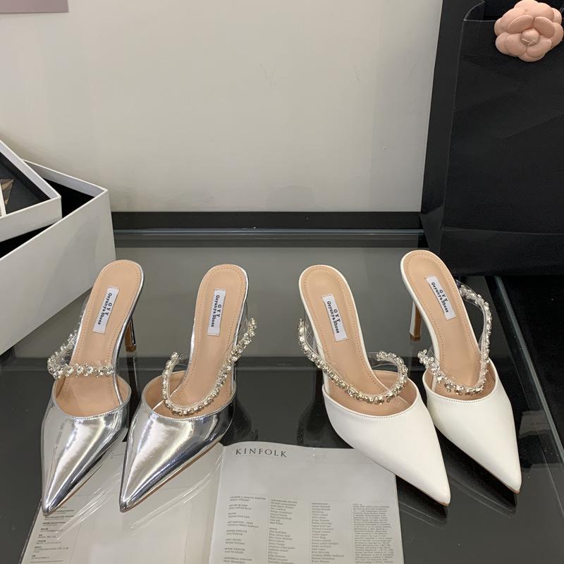 Pointed half-tow silver high heels 2025 spring new style stiletto Roman rivet bag head high-heeled slippers