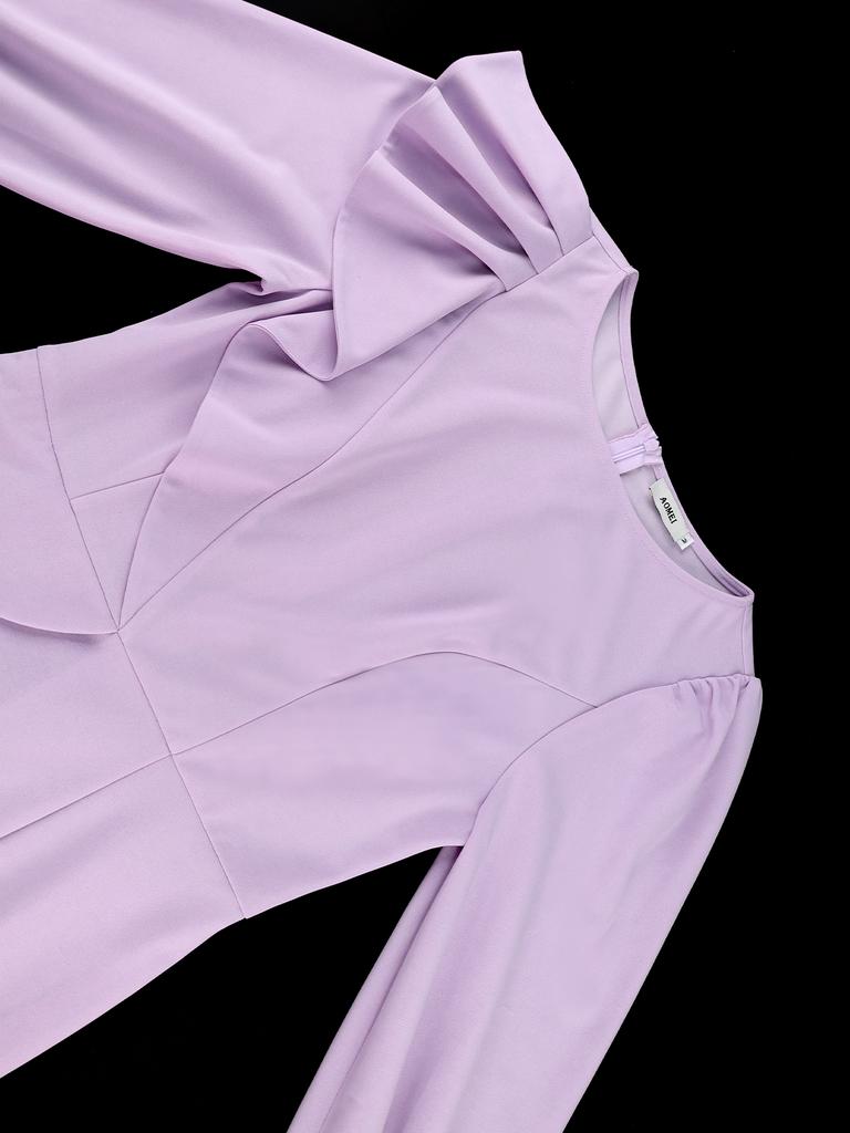 Jesień Zima Falbana Długi Rękaw Lampionowy Sukienka Midi Kobiety Elegancka Plisowana Dopasowana do Ciała Praca Kościół Gość Weselny Ubranie na Imprezę