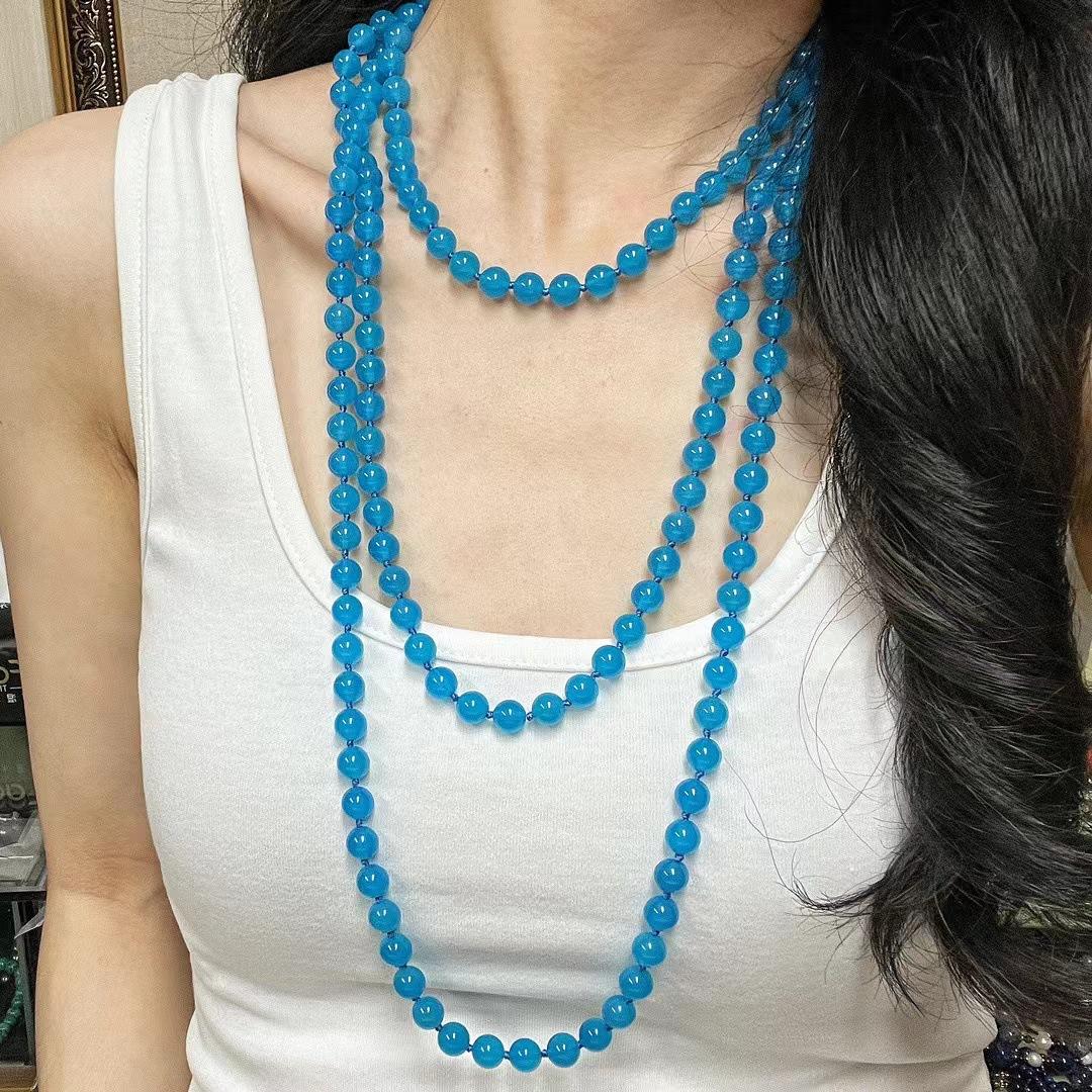 Retro 8Mm Extended Version About 180 Cm Natural Boutique Ice-Through Blue Chalcedony Sweater Chain Necklace Women