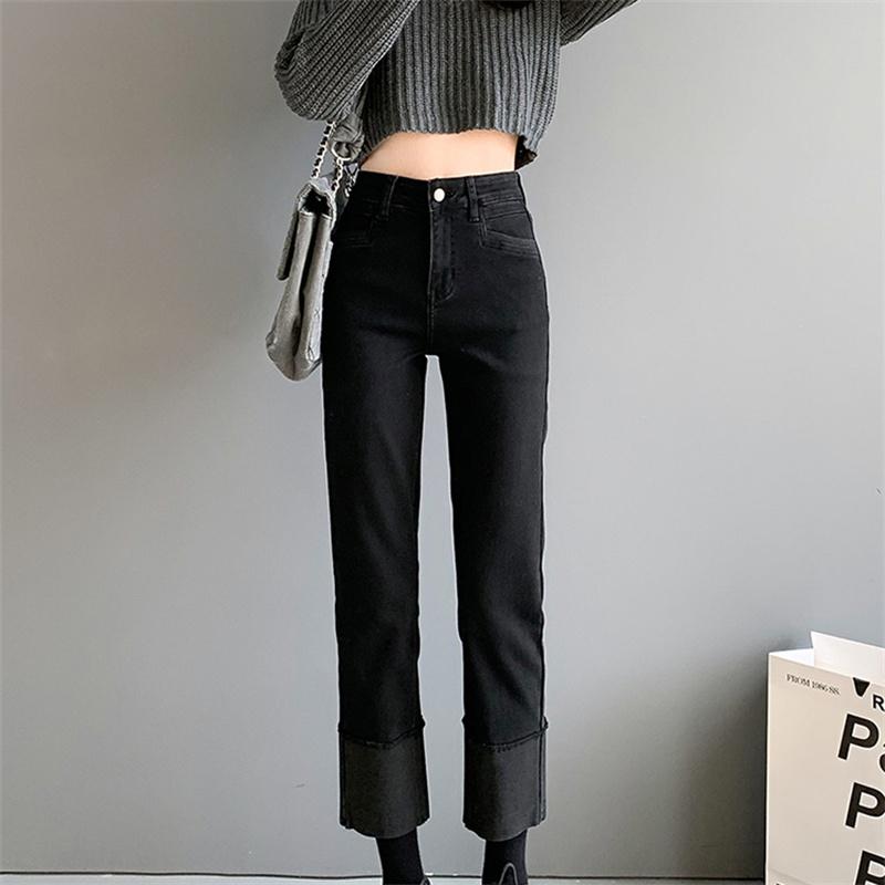 Autumn Winter New Korean stytle High Waist Thickening Warm Jeans Women Cuffs Vintage Korean Style Straight Baggy Denim Streetwear