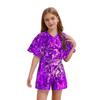 Complete Party-Ready Jumpsuit for Girls: Sparkling Sequins V-Neck Cap Sleeve Bodysuit, Perfect for Photos & Special Events