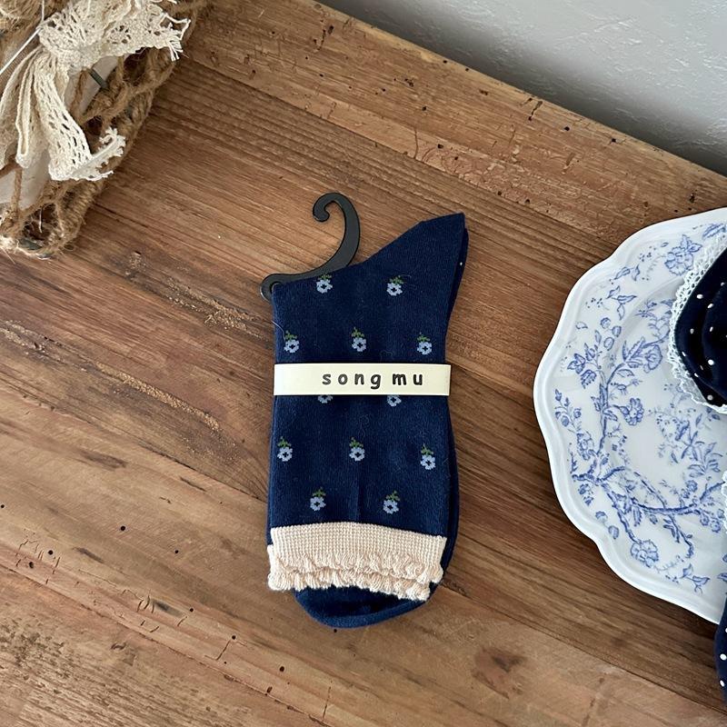Songmu Light Retro Navy Blue "Bow Korean Socks Mid-Leg Socks Designer Cotton Socks